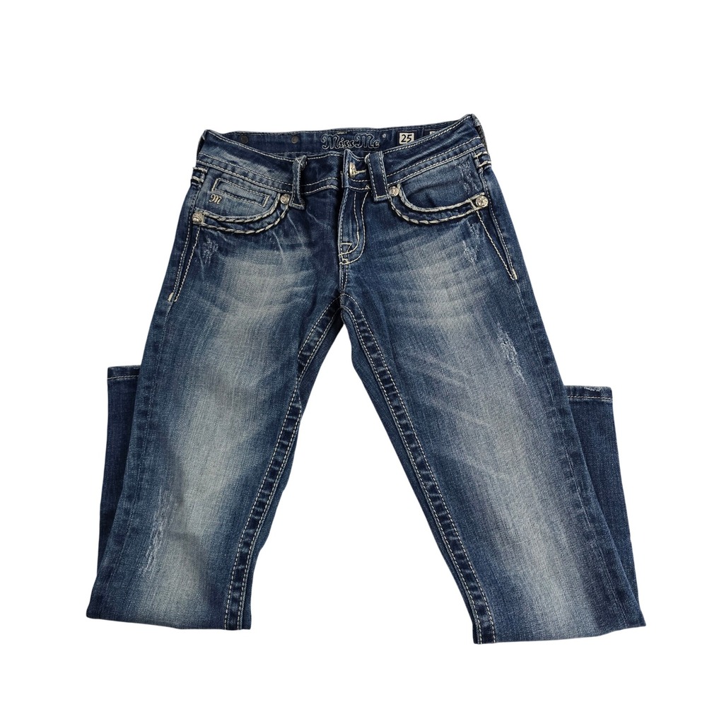 Miss Me Womens 25 Cropped Embellished Jeans Blue Denim‎ Rhinestone Cross Pockets